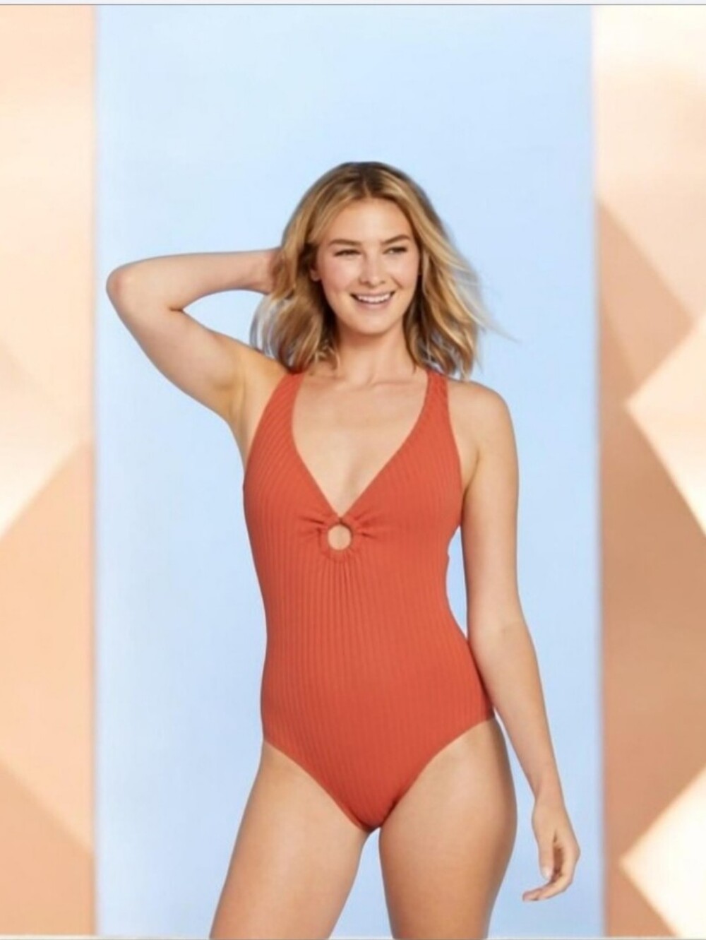 #K53 Ribbed One-Piece Swimsuit with Front Ring - Rust